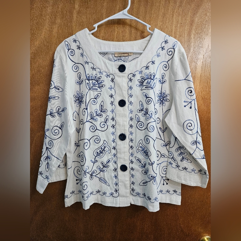 Weekend Choices White Light Jacket 3/4 Sleeve With Embroidered Bead Floral Sz L